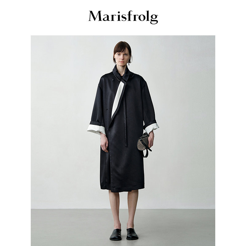 Marisfrolg玛丝菲尔冬季新款简约中长款黑色宽松双面缎洋装外套女