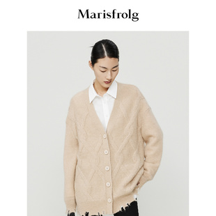 燕麦奶色V领衣摆剪裁针织开衫 玛丝菲尔秋季 商场同款