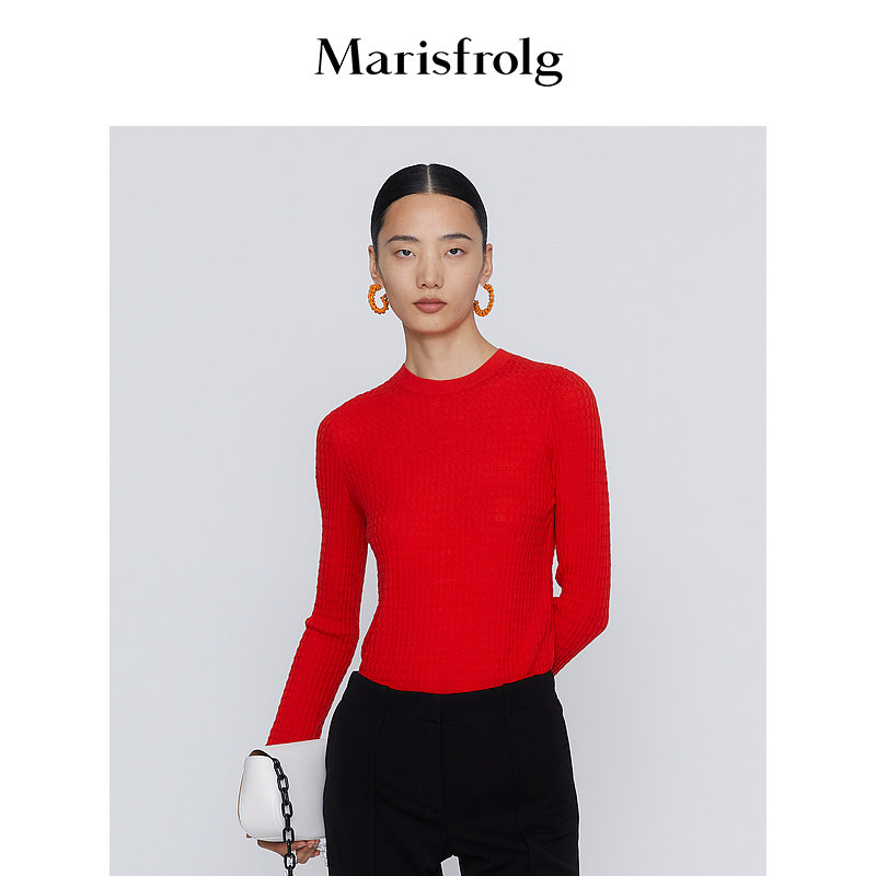 【商场同款】玛丝菲尔春季新款红色圆领超细绵羊毛长袖毛衣