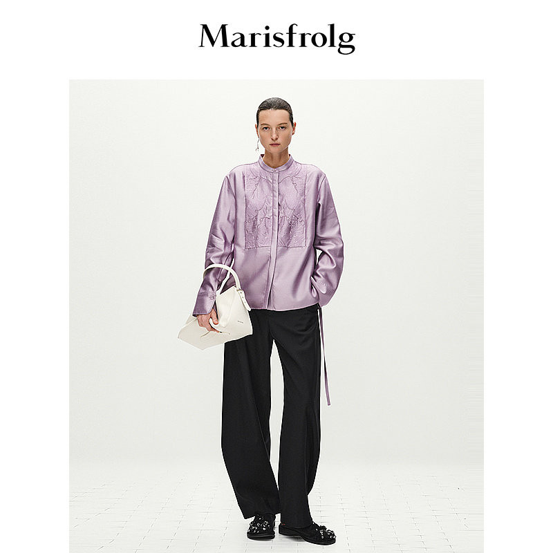 Marisfrolg玛丝菲尔冬季新款优雅时尚重工刺绣紫色绵羊毛真丝衬衫