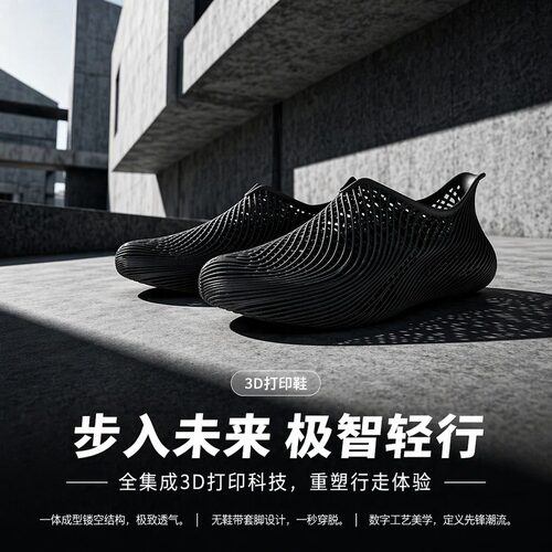 暗物质黑3D打印鞋一体式洞洞鞋男女2026夏季透气防臭沙滩溯溪鞋