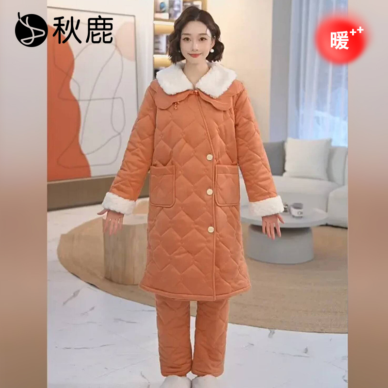 秋鹿女米尼条夹棉睡衣