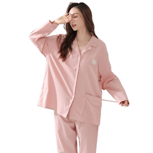 秋鹿纯棉睡衣女春秋款简约纯色长袖长裤秋季家居服可外穿女士套装