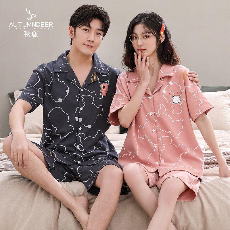 秋鹿断码清仓睡衣女夏季薄款男纯棉特价短袖情侣全棉家居服套装