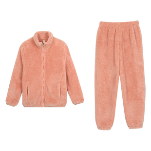 秋鹿儿童睡衣冬季长毛绒女孩开衫加绒加厚长袖纯色家居服大童套装