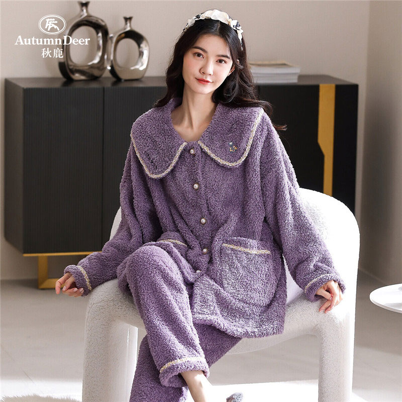 秋鹿女秋冬款加厚保暖休闲睡衣
