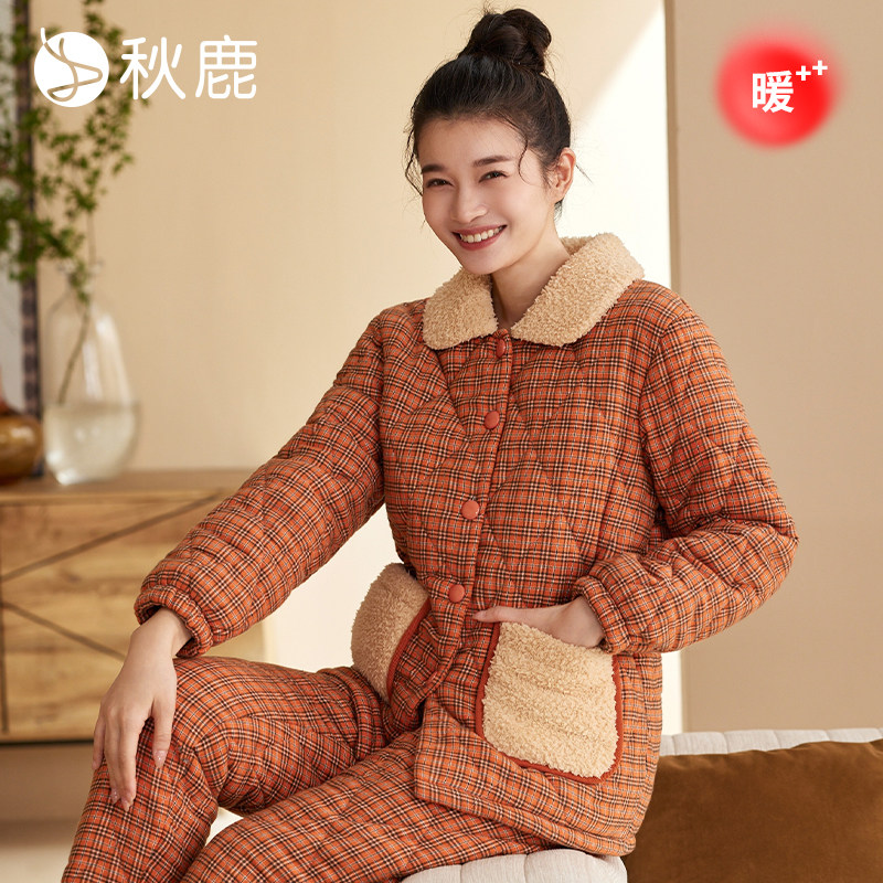 梭织色织格披法兰绒翻领夹棉女套