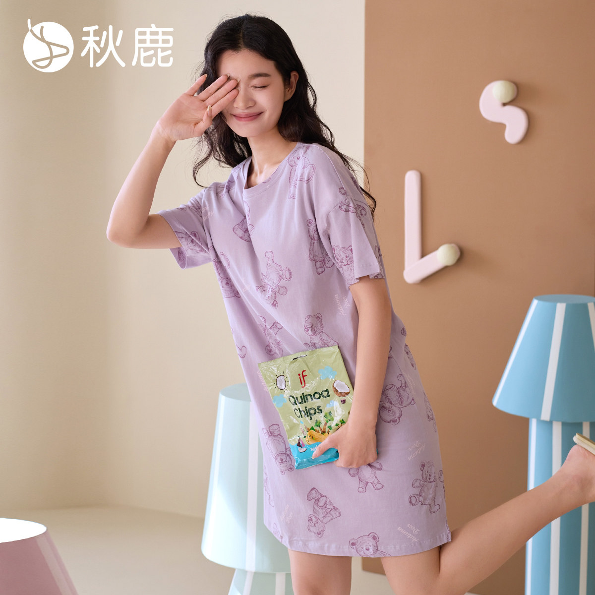 秋鹿【自带胸垫防走光】夏款薄款圆领短袖100%棉可爱小熊女睡裙