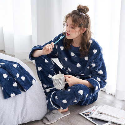 秋鹿女款法兰绒甜美爱心秋冬睡衣