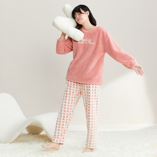 秋鹿【断码清仓】睡衣北极绒棋盘格圆领休闲女士家居服套装珊瑚绒