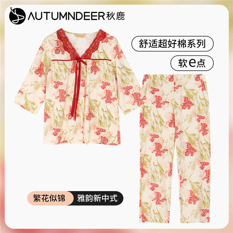 秋鹿女纯棉柔软透气睡衣印花
