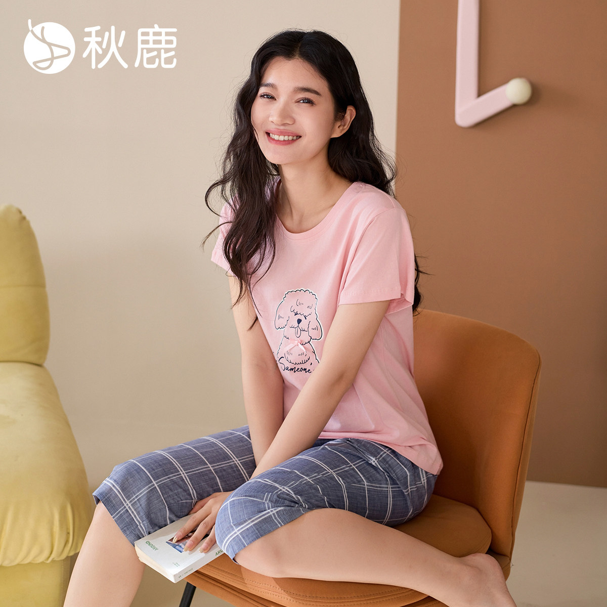 秋鹿针织单面/梭织竹节纱色织格圆领短袖七分裤女套