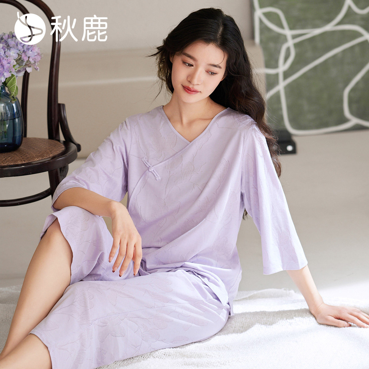 针织提花七分袖九分裤女套