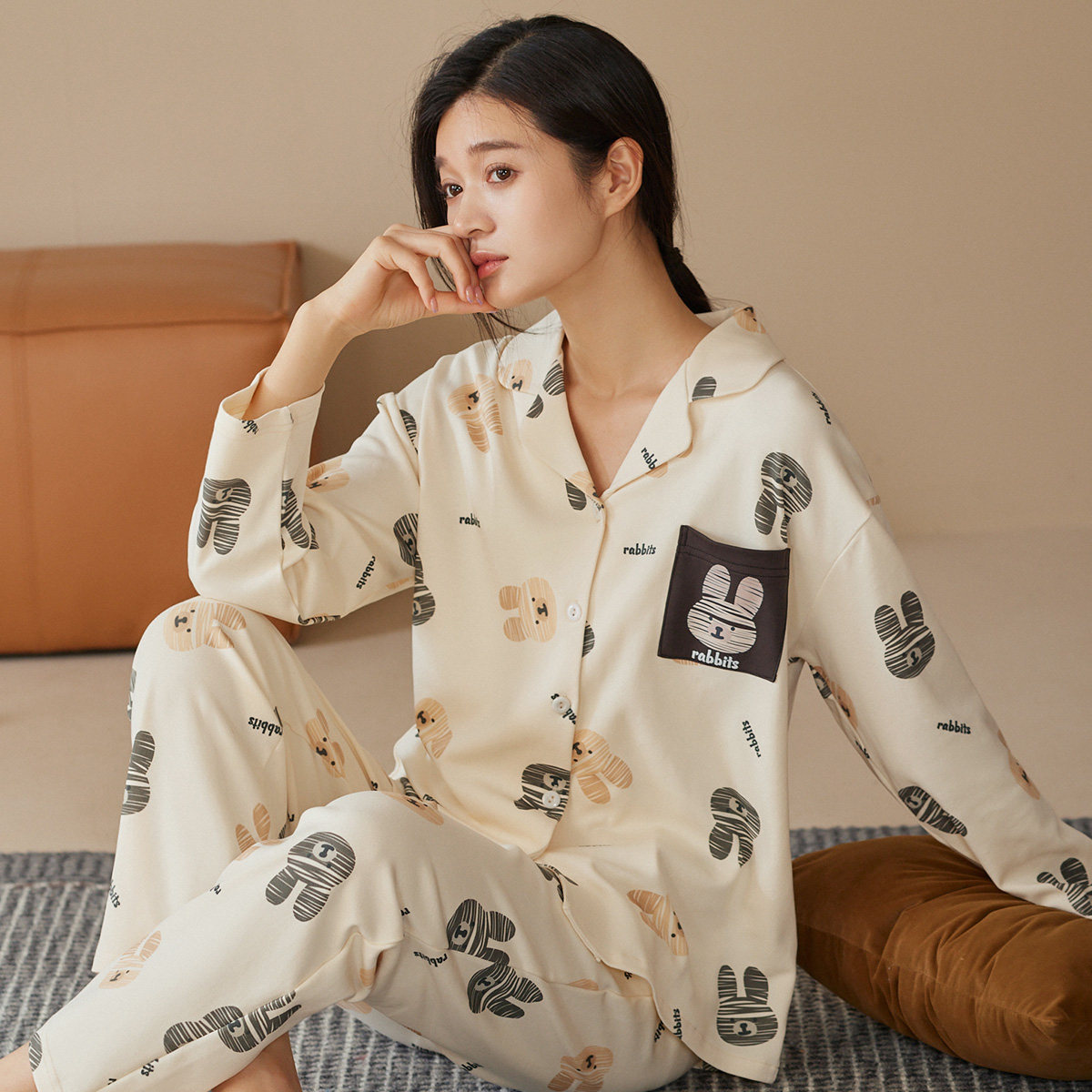 秋鹿柔软舒适纯棉睡衣女款春秋季可爱萌兔印花长袖长裤家居服套装