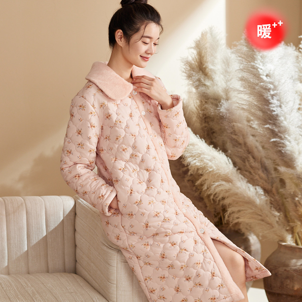 秋鹿【商场同款】睡衣女针织棉拉架印花披法兰绒加厚夹棉翻领女袍,女士内衣/男士内衣/家居服,睡袍/浴袍,淘宝优惠券,粉丝福利购,淘宝优惠卷