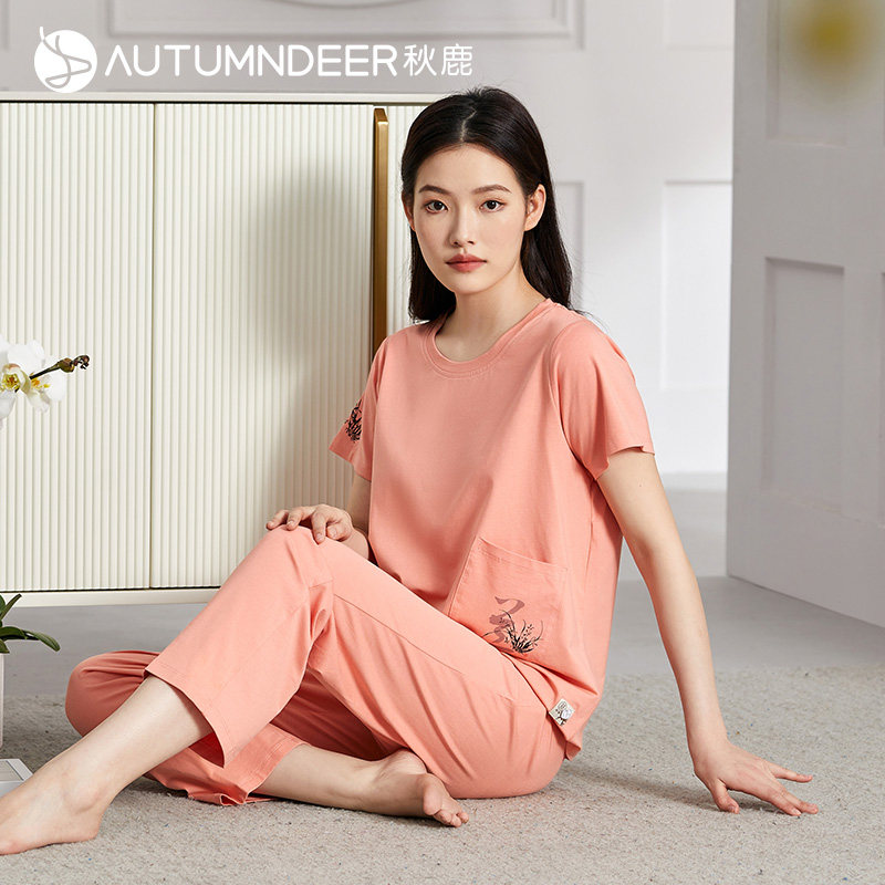 秋鹿旗下中国风品牌【梦伴】睡衣女夏季短袖长裤可外穿家居服套装