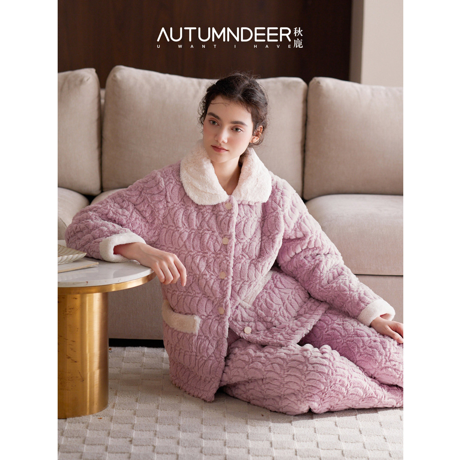 秋鹿三层加绒加厚夹棉睡衣女款秋冬季翻领珊瑚绒棉袄可外穿家居服