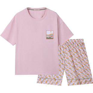 秋鹿夏天休闲短袖睡衣布料纯棉印花短裤家居服可外穿女士夏季套装