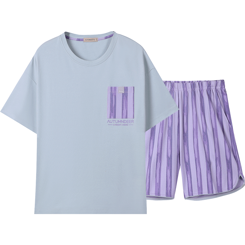 秋鹿简约条纹短袖短裤情侣睡衣夏季圆领纯棉女式家居服男套装薄款
