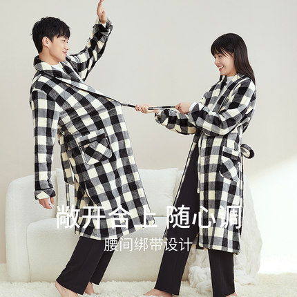 秋鹿情侣睡袍冬款女加厚加绒珊瑚绒格子大码晨袍睡衣长款男士浴袍