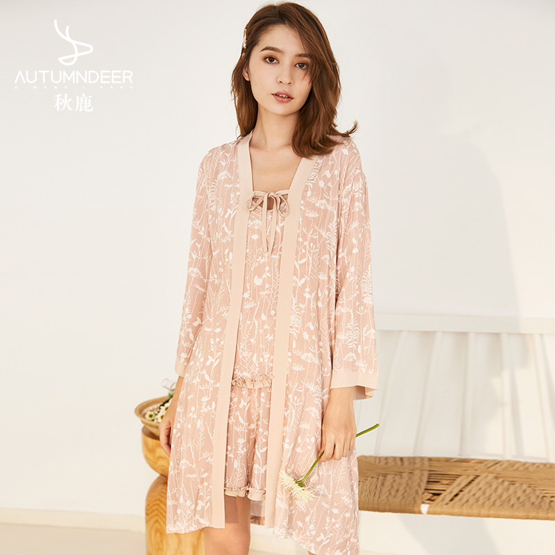 秋鹿旗下子品牌【Jenize】简诗哲睡衣夏季女款梭织人棉印花三件套