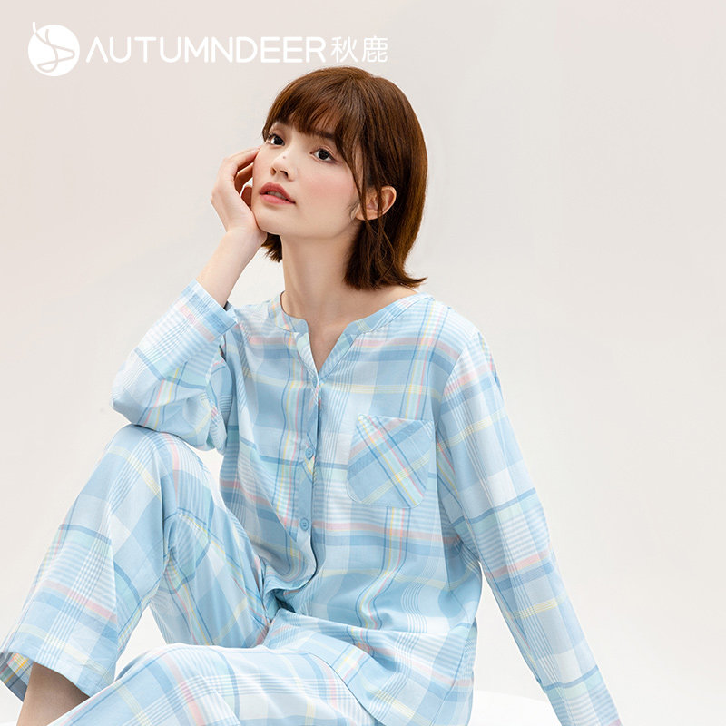 秋鹿梭织色织格纯棉睡衣女2025秋季优雅宽松长袖长裤格子家居服