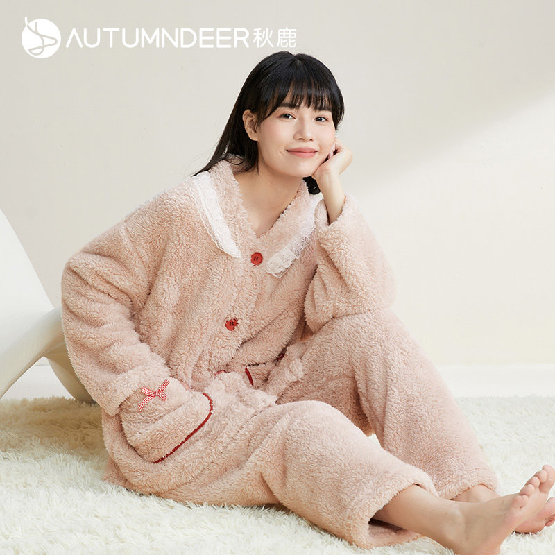 秋鹿长毛绒睡衣女秋冬毛绒甜美蕾丝花边拼接V领珊瑚绒女生家居服