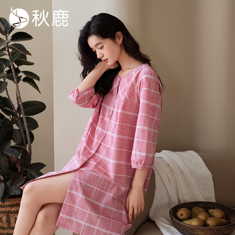 秋鹿【商场同款】梭织竹节纱色织格纯棉睡衣女秋季中袖家居服睡裙