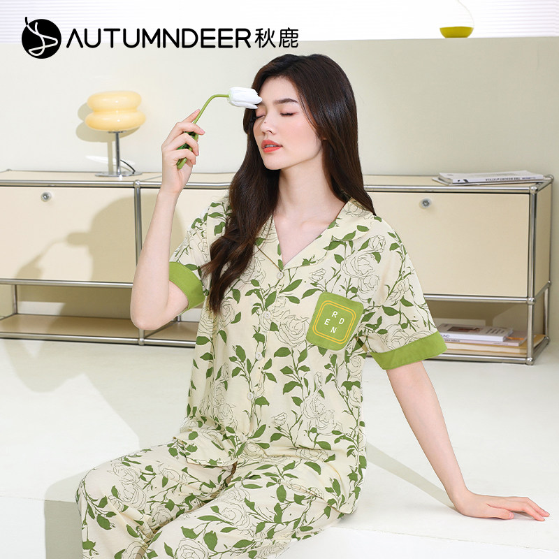 秋鹿针织纯棉睡衣女夏款翻领印花开衫短袖长裤柔软舒适家居服套装