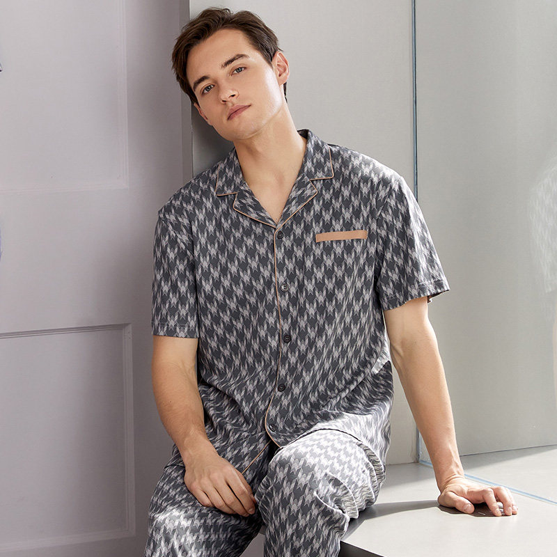 秋鹿睡衣纯棉针织印花开衫男士睡衣休闲舒适可外穿男士家居服