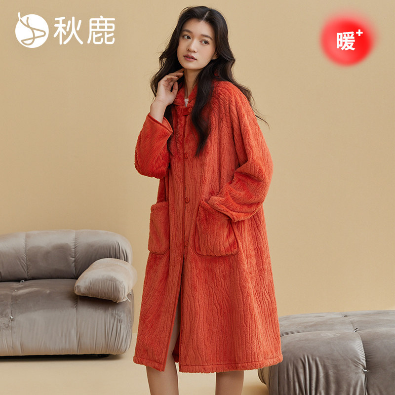 法兰绒烂花扣领开衫女袍