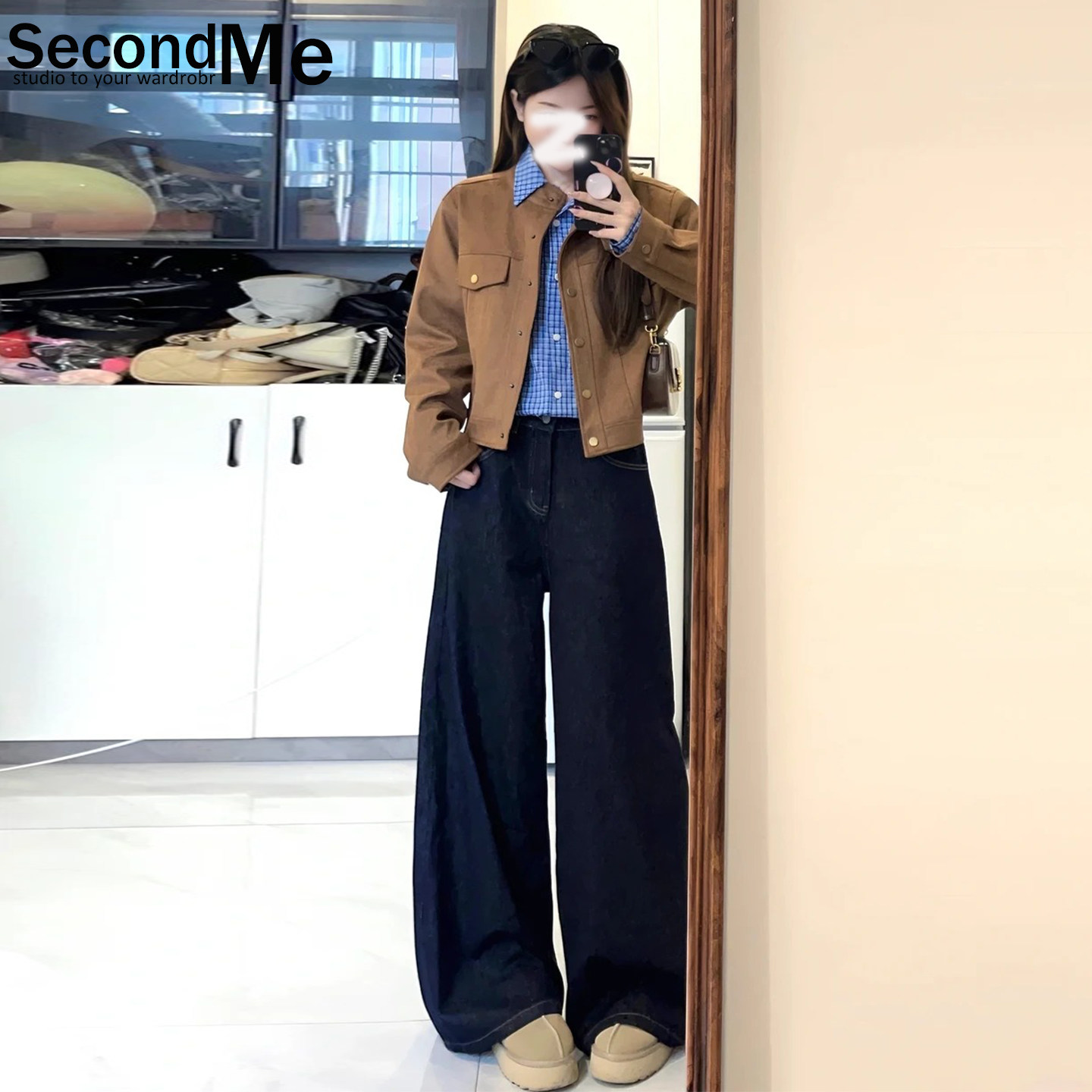 美式复古高腰阔腿显瘦牛仔裤女