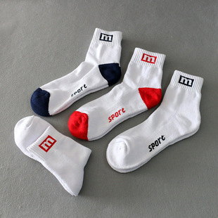 白色M标网球羽毛球运动袜男吸汗毛巾底加厚中筒袜子网球袜女纯棉