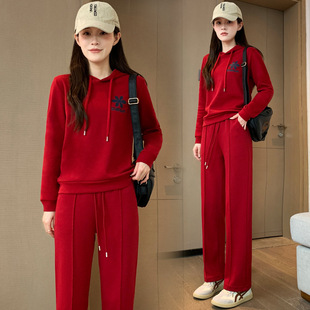 新品红色运动服套装休闲女款阔腿裤两件套春秋款减龄洋气时尚连帽