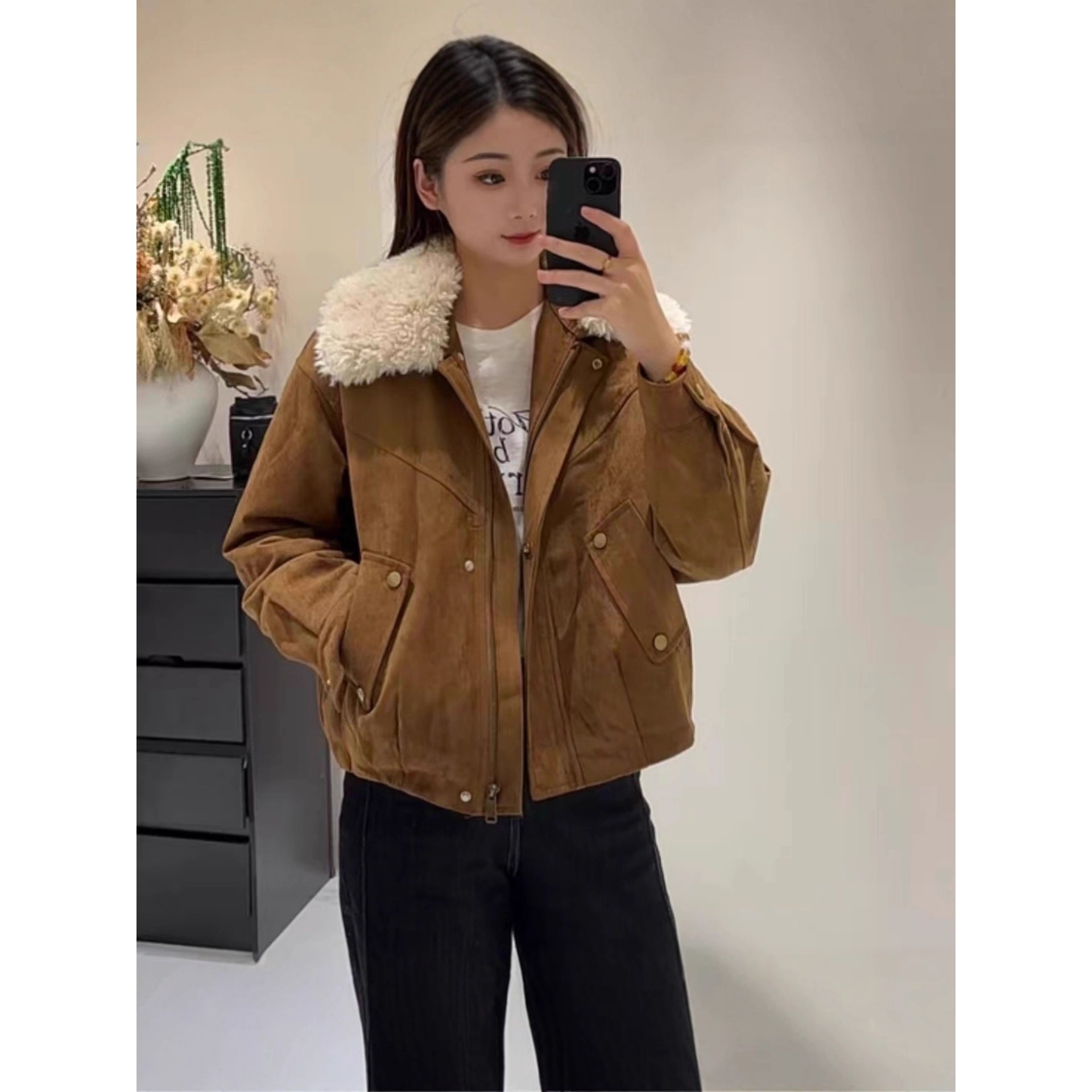 新品毛绒大翻领鹿皮绒外套女2025秋冬新款高级感宽松休闲夹棉加厚