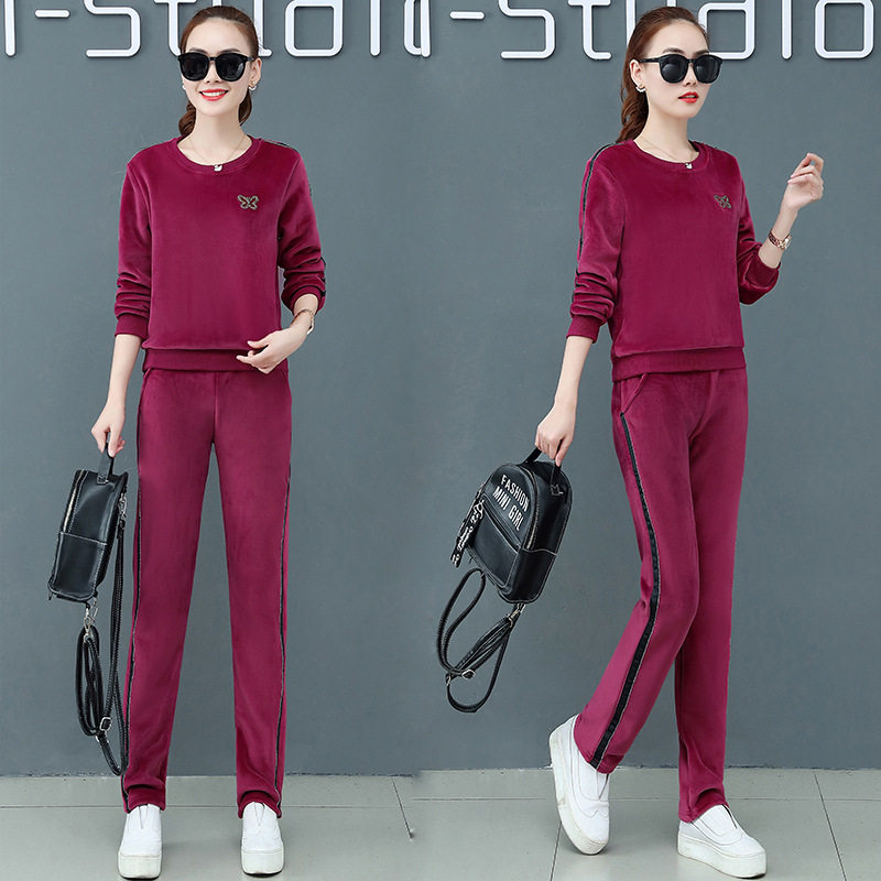 新品双面加绒休闲运动服套装女2022新款加厚秋冬时尚金丝绒卫衣两