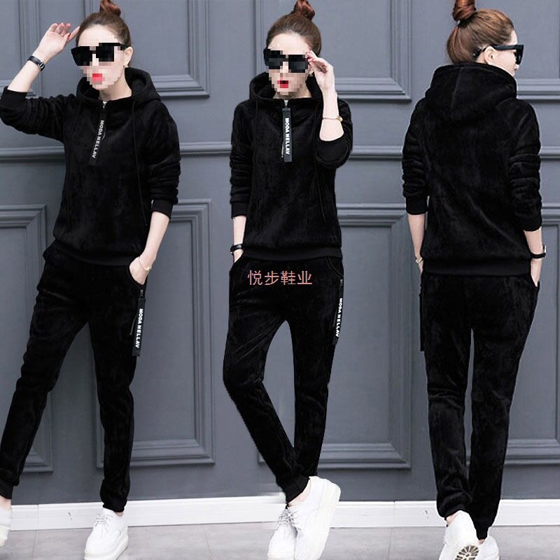 新品2025秋冬季运动丝绒套装女潮时尚长袖休闲服加绒连帽保暖两件