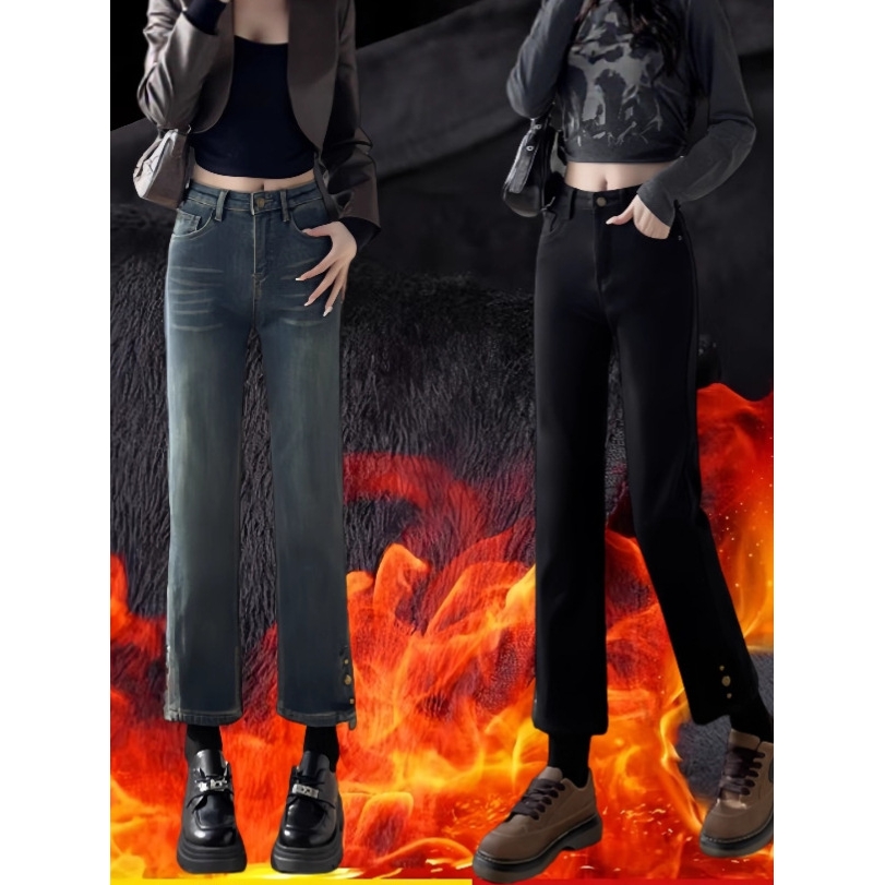 新品冬季加绒加厚高腰保暖女装小个子九分牛仔直筒裤修身显瘦弹力