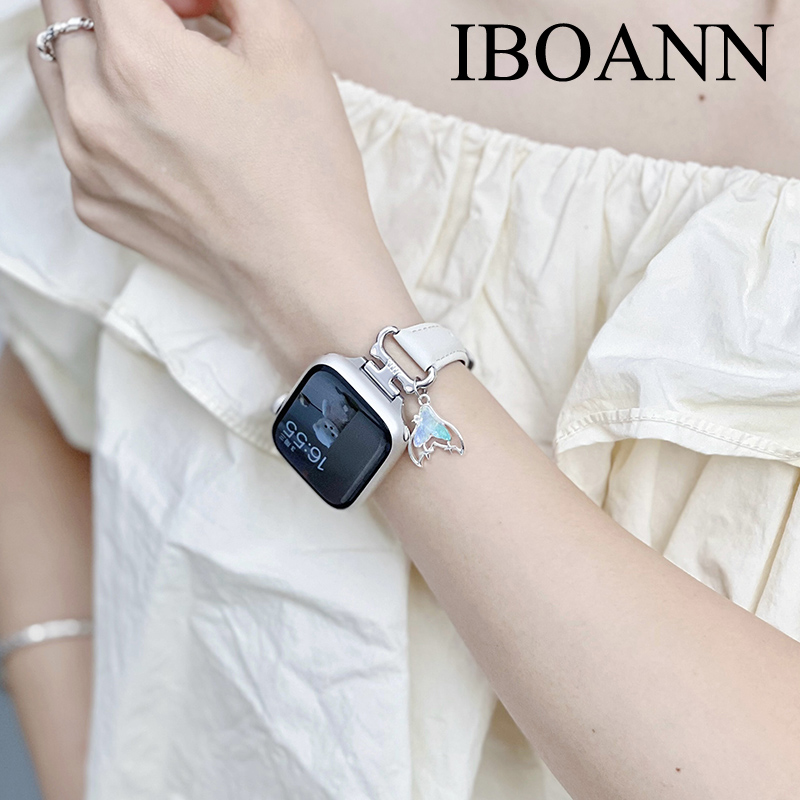 iboann适用iwatch表带苹果手表8猫耳皮质表带人鱼尾吊坠applewatchultra运动7代6/5/4男女s9新款45mm41/44/40