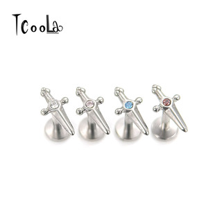 F136钛合金镶钻宝剑耳钉内螺纹养耳洞精致匕首耳骨钉欧美朋克耳饰