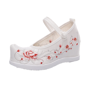 汉服鞋子女古风翘头弓鞋履内增高红色平底绣花布鞋宋制鞋古代淡雅