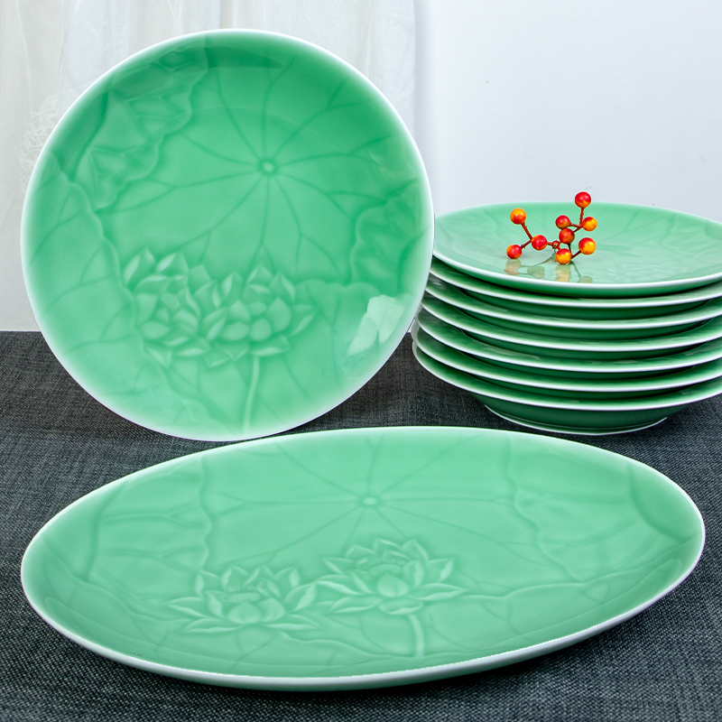 青瓷圆形鱼盘菜盘陶瓷浅盘碟餐具