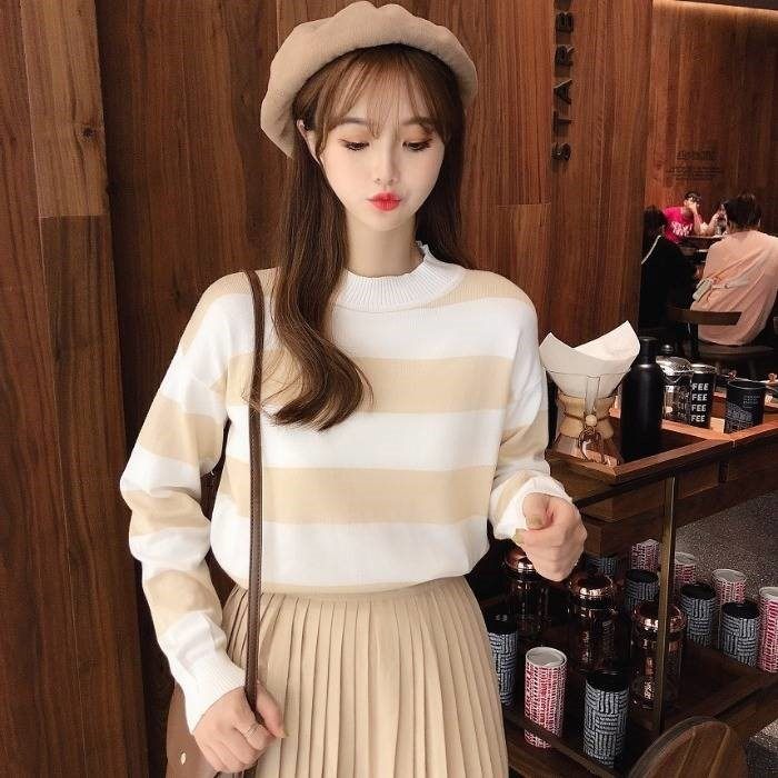 春秋款女上衣2020新款韩版懒惰风百搭宽松条纹长袖针织衫学生毛衣|msdalam kategori Butik wanita / wanita, sweater - dari Buy2taobao.com untuk memberikan perkhidmatan ejen Taobao profesional membeli