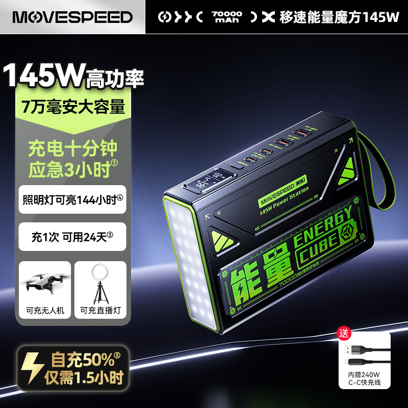 【新国标3C认证】移速能量魔方ProMax充电宝70000毫安大容量145W超快充户外电源适用手机笔记本无人机摄影灯