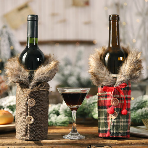 Christmas dining table striped checkered  wine bottle skirt