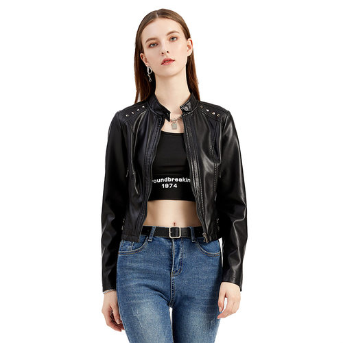 Women's studded leather jacket long sleeved jacket S-4XL外套