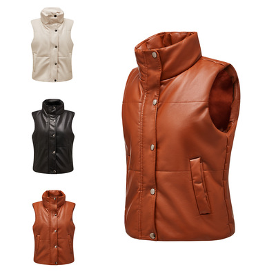 Women's leather vest sleeveless zipper cotton jacket女皮背心