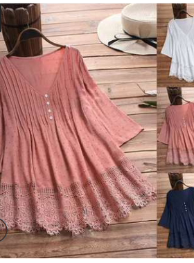 19 large size solid color button V-neck pleated shirt female