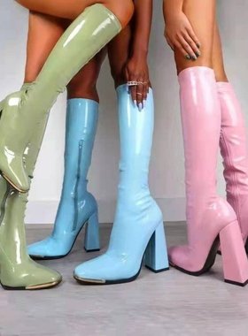 Large pointed thick heel shiny leather long leg knight boots