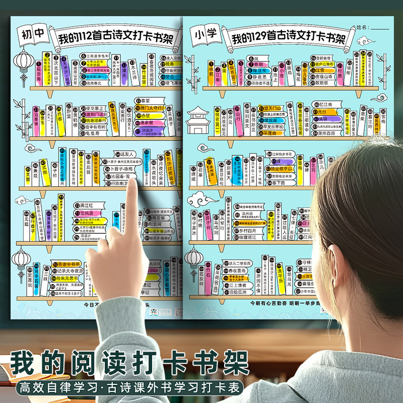 小学129首古诗文打卡书架古诗打卡记录表儿童自律阅读涂色海报挂